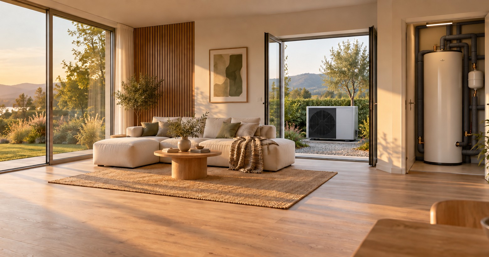 Wohnzimmer mit Blick auf Wärmepumpen-Aussengerät und Warmwasserspeicher im Hintergrund